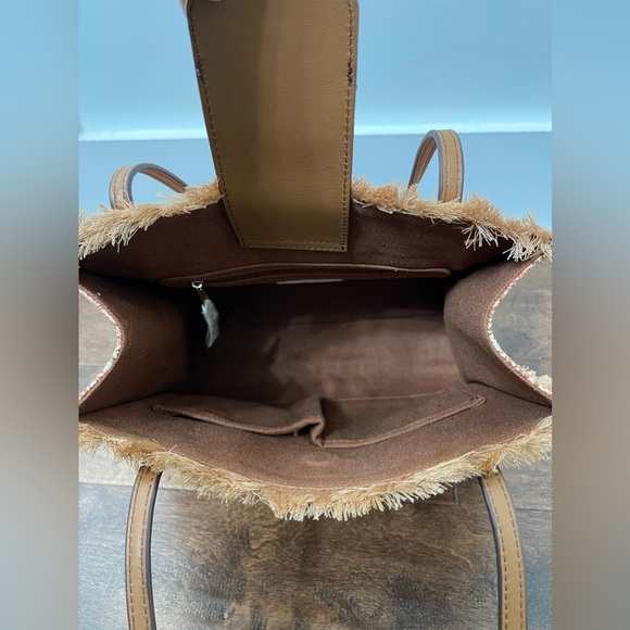 Spartina Anna Fringe Linen Leather Paisley Print Tan Peach Cream Fringe Handbag - Picture 6 of 11